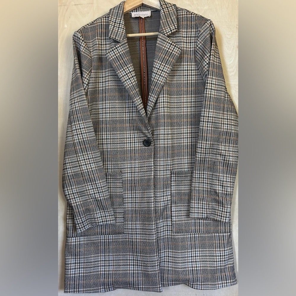 Philosophy Women’s Sz Medium Cardigan Trench Jacket Plaid Multi Color Brown/Tan